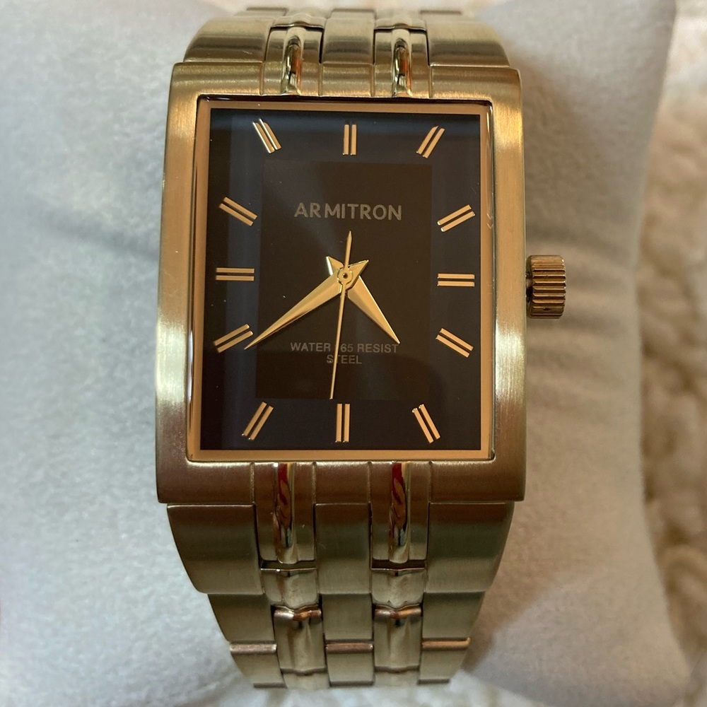 NWOT Brushed gold black rectangular mens Armitron watch